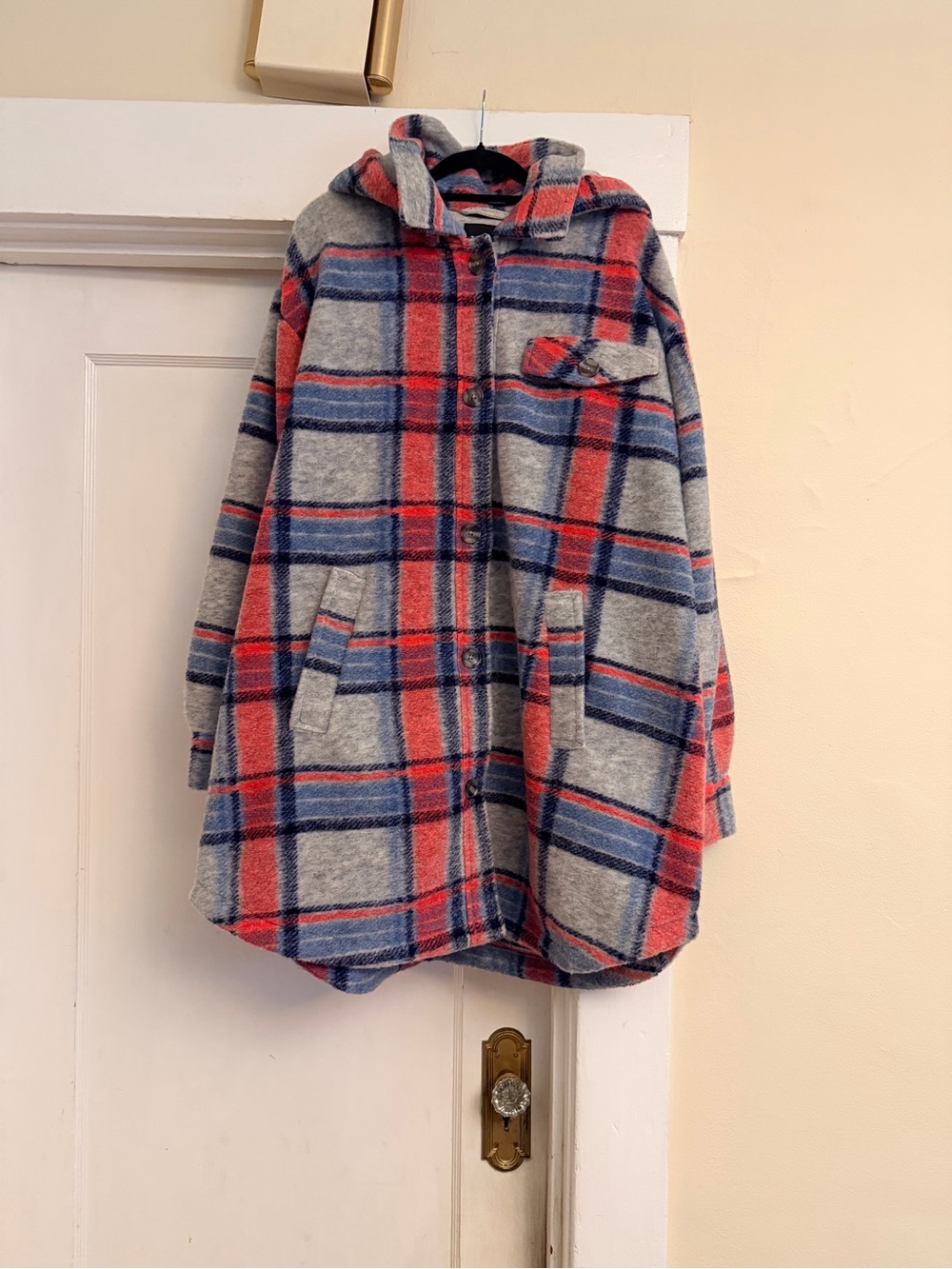 Tribal XL Plaid Hooded Coat Jacket Gray Red Blue Oversized Shacket